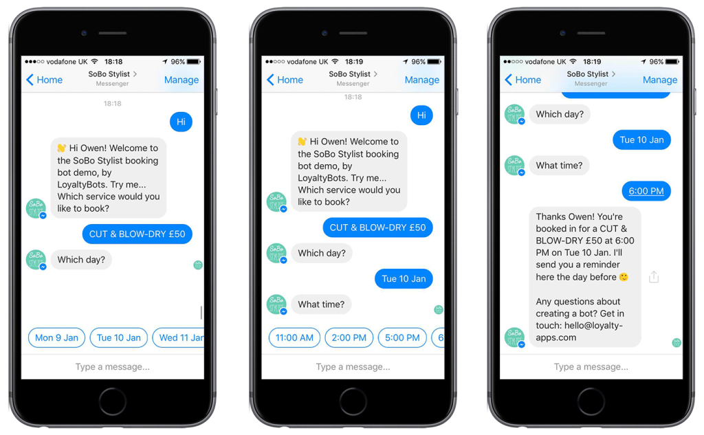 Screenshots of chatbot text messaging